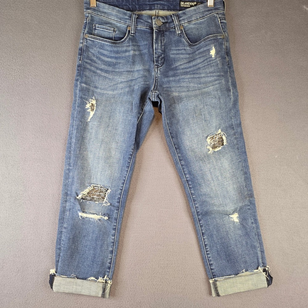 BLANKNYC‎ Crop Girlfriend Jeans Blue Distressed Beaded Patch Denim Size 26